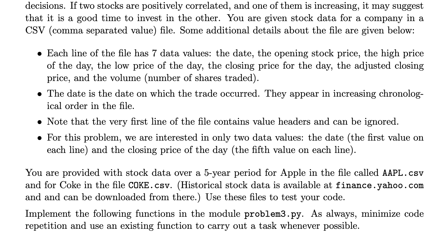 Solved roblem 3 [24 points ] Correlating Stock Data | Chegg.com