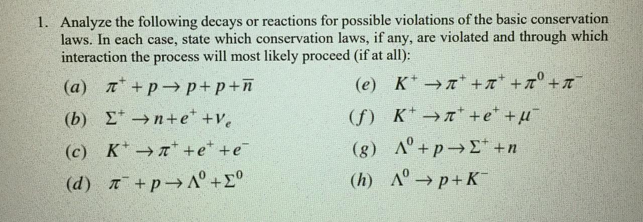 Solved 1 Analyze The Following Decays Or Reactions For P Chegg Com