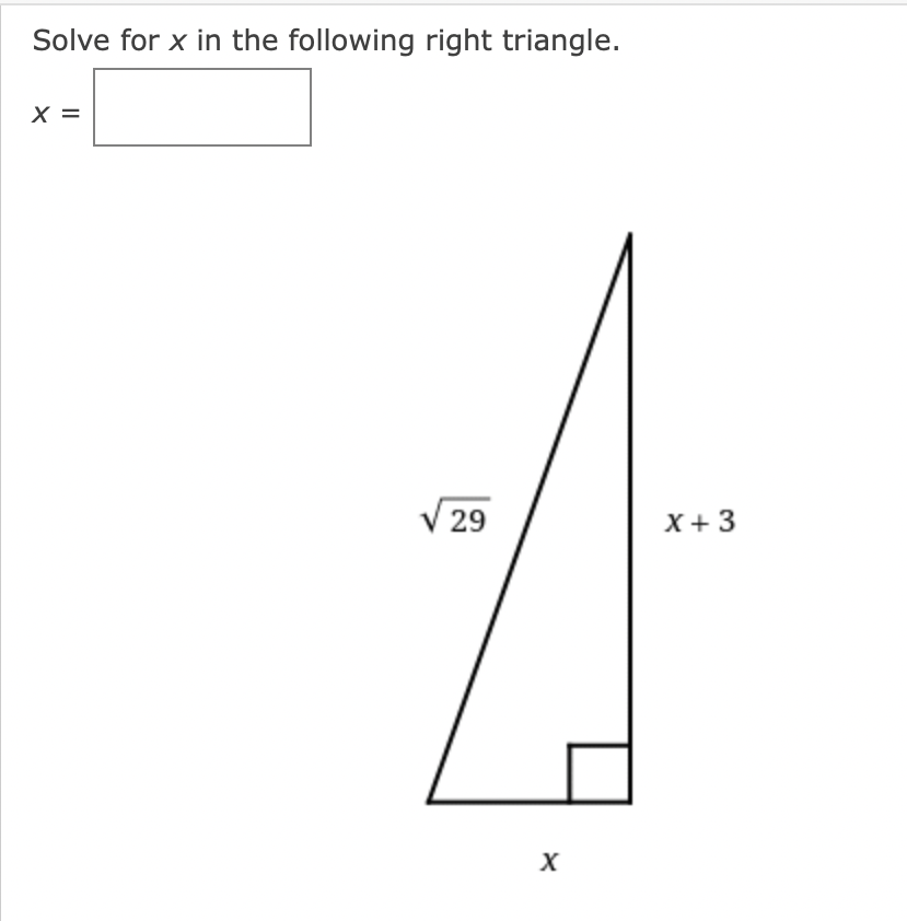 Solved Solve for x ﻿in the following right triangle.x=x+3 | Chegg.com