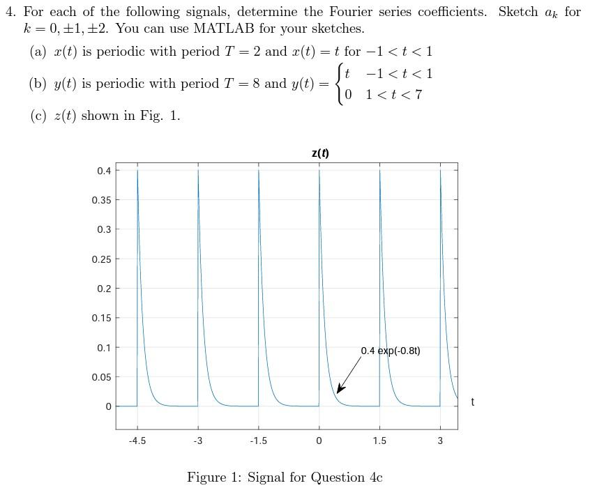 4. For each of the following signals, determine the Fourier series coefficients. Sketch ak for
k = 0, +1, +2. You can use MAT