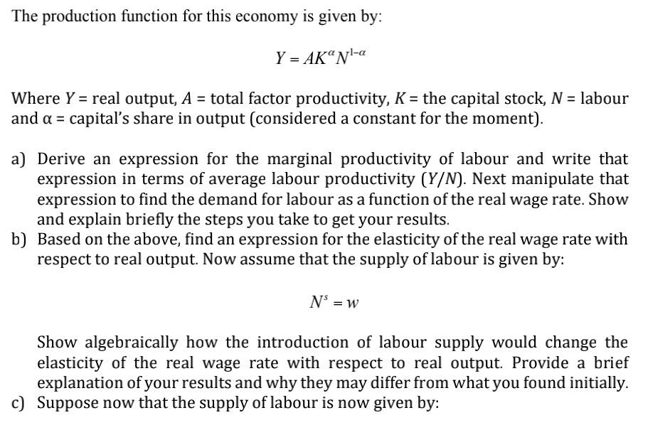 Solved The Production Function For This Economy Is Given By: | Chegg.com