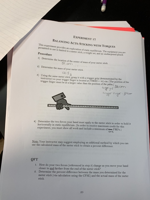 Solved EXPERIMENT 17 BALANCING ACTS STICKING WITH TORQUES