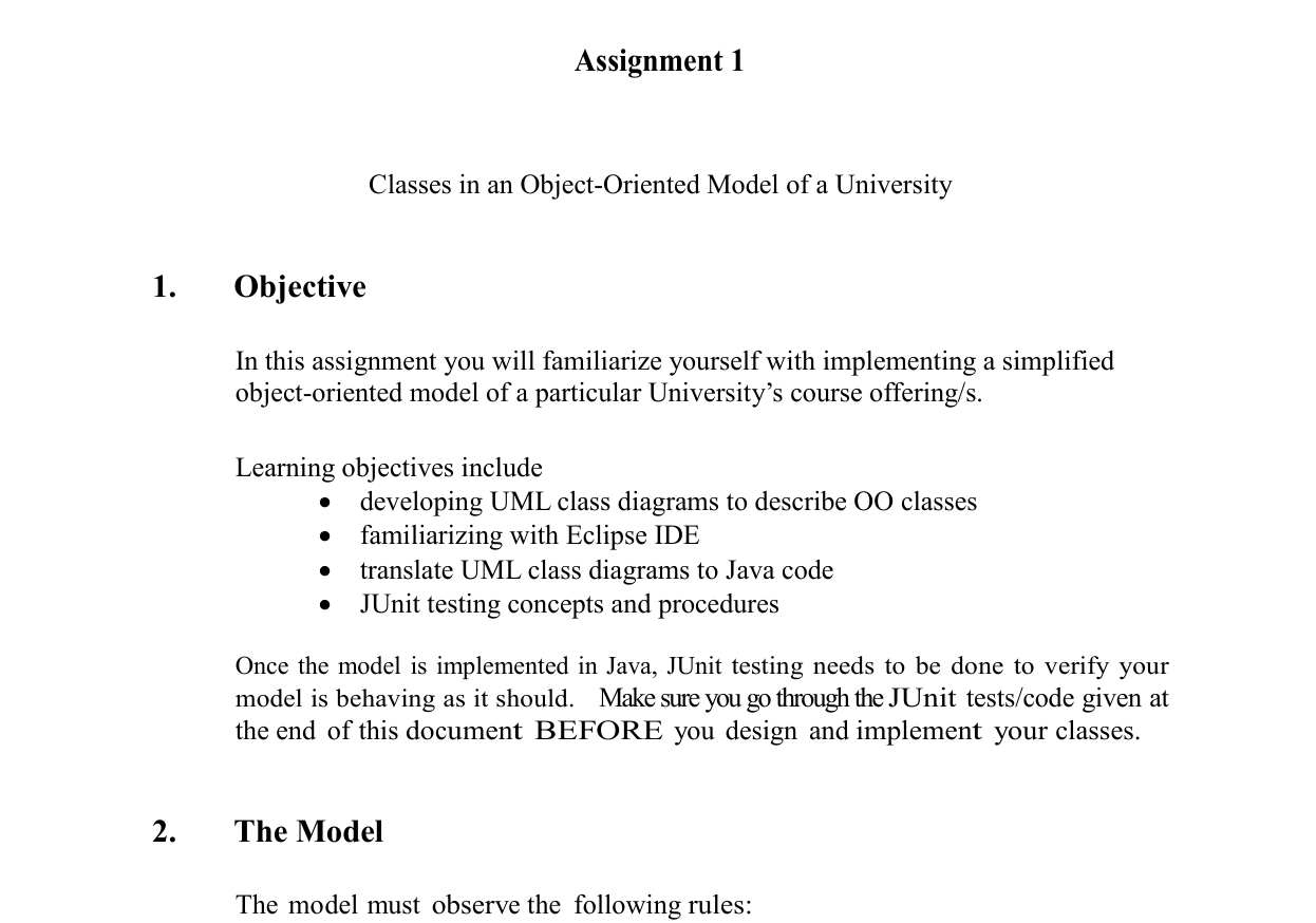 Solved Assignment 1 Classes in an Object-Oriented Model of a | Chegg.com