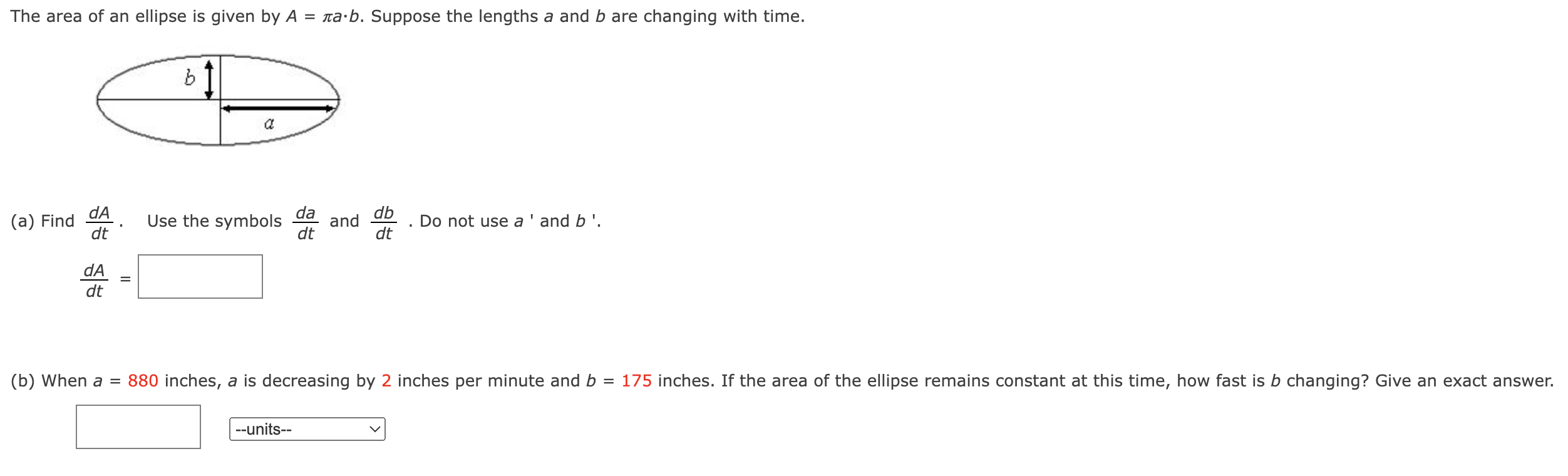 Solved The area of an ellipse is given by A = na:b. Suppose | Chegg.com