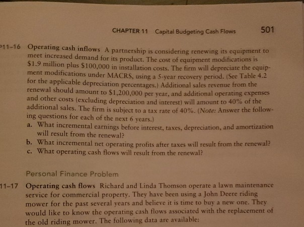 Solved CHAPTER 11 Capital Budgeting Cash Flows 501 11-16 | Chegg.com