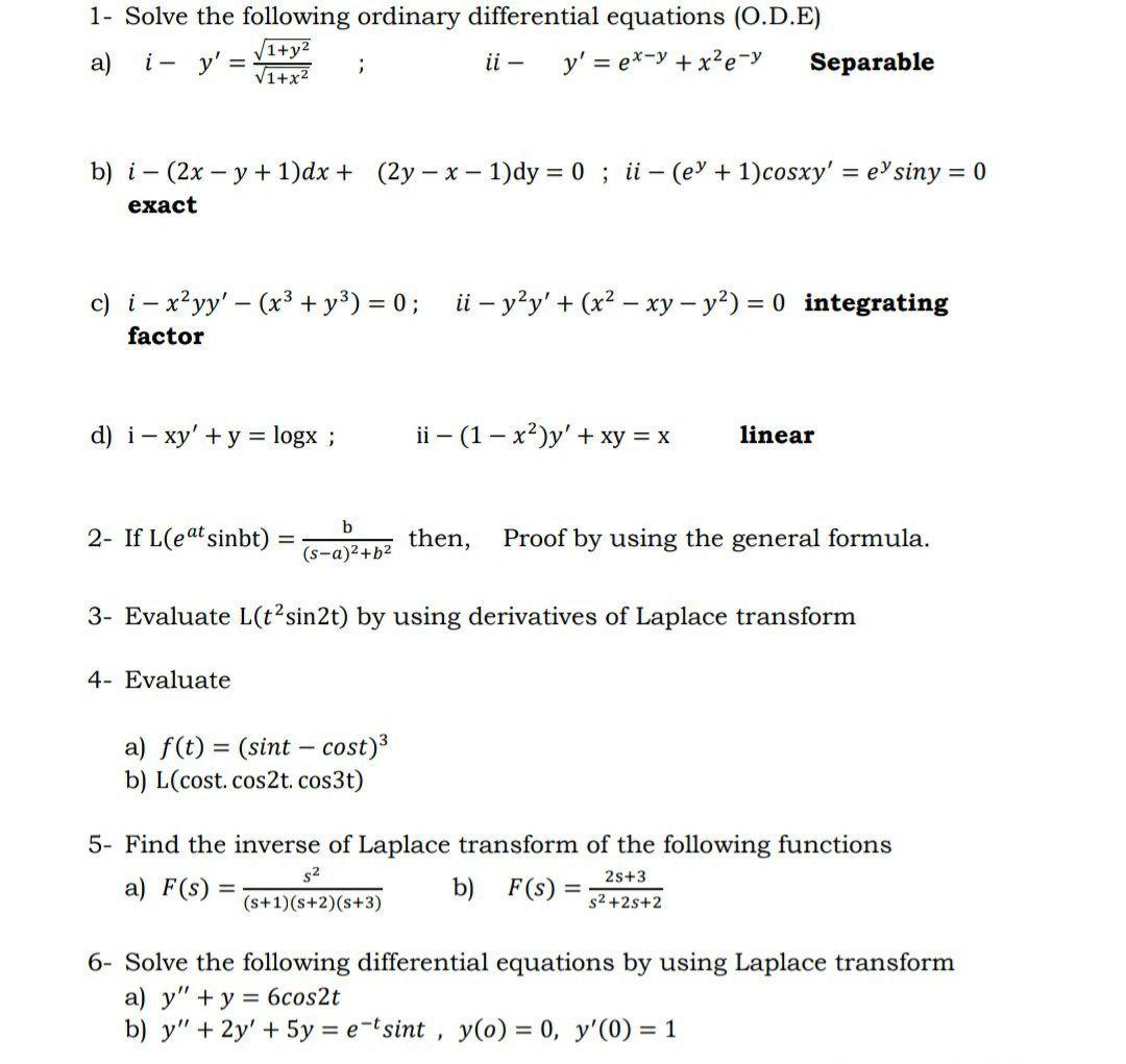 Solved 1 Solve The Following Ordinary Differential Equat Chegg Com