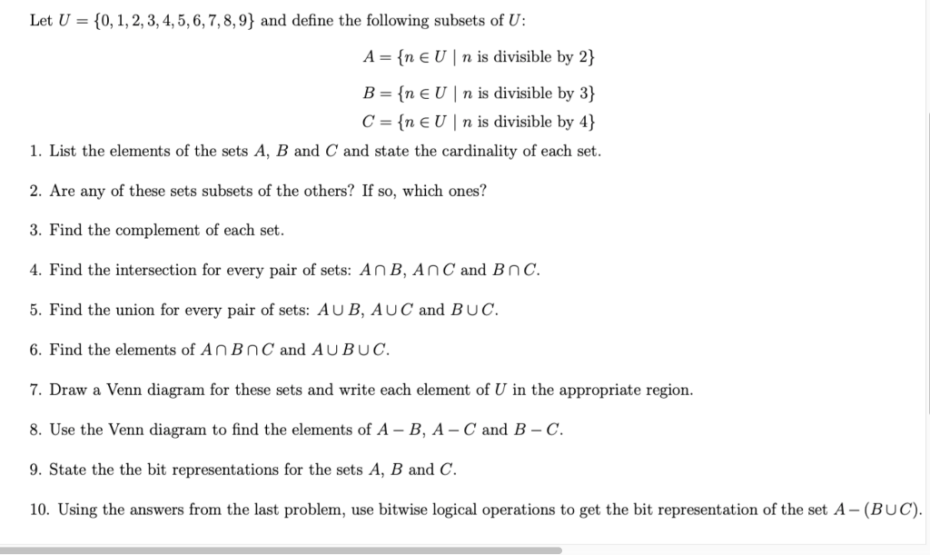 Solved Let U = {0, 1, 2, 3, 4, 5, 6, 7, 8, 9} And Define The | Chegg.com