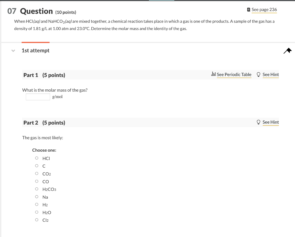 Solved 7 Question (10 points) E See page 236 When HCl(aq) | Chegg.com