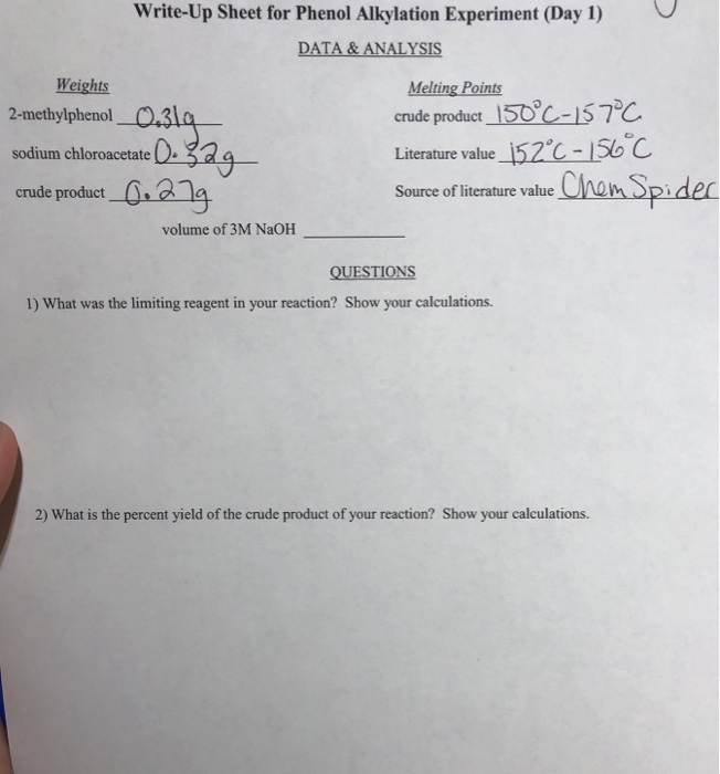 Solved WriteUp Sheet for Phenol Alkylation Experiment (Day