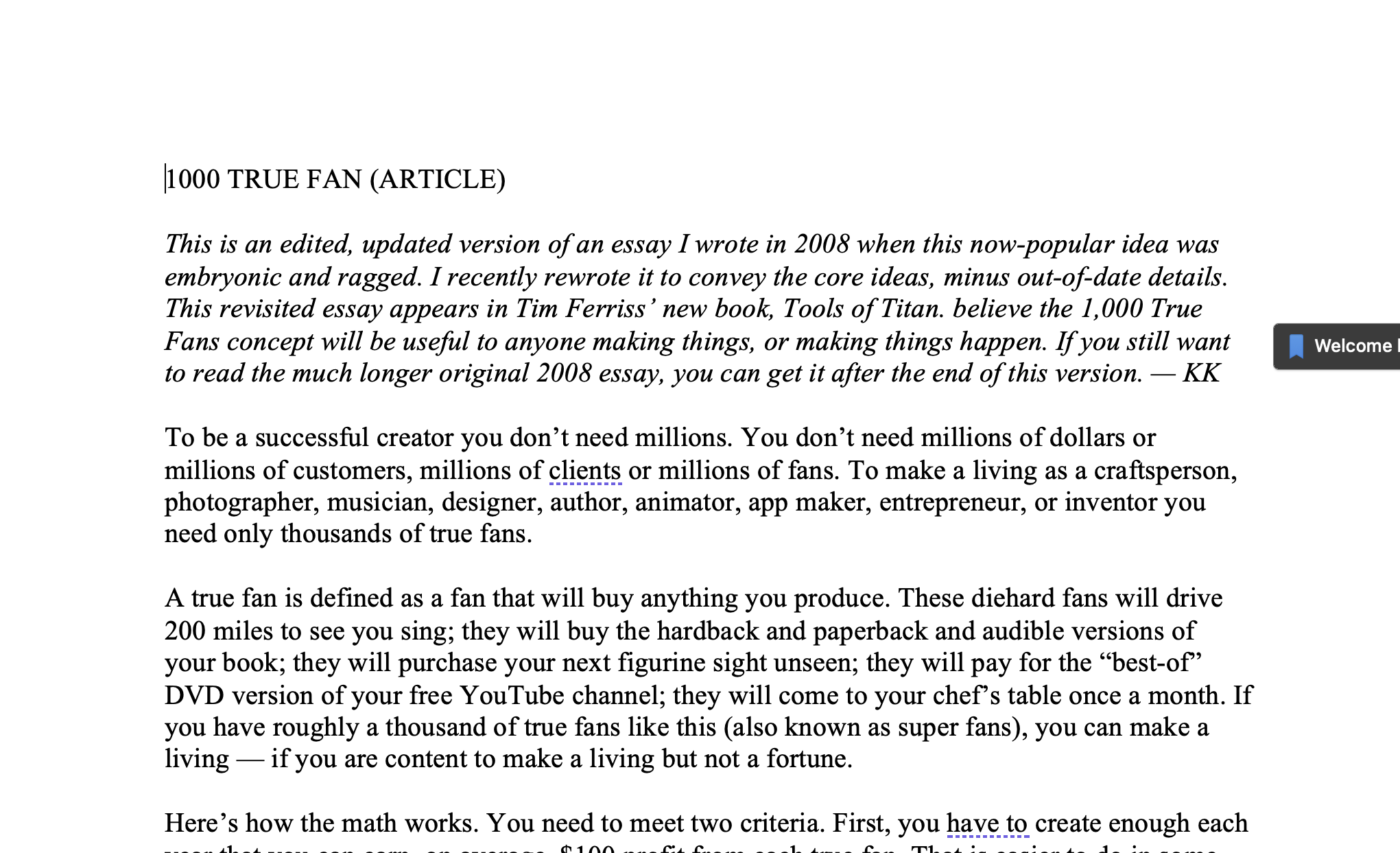 Read the article that discusses the 1,000 true fans | Chegg.com