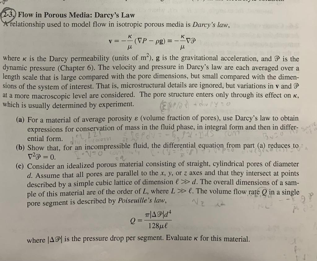 Solved 2-3. Flow in Porous Media: Darcy's Law A relationship | Chegg.com