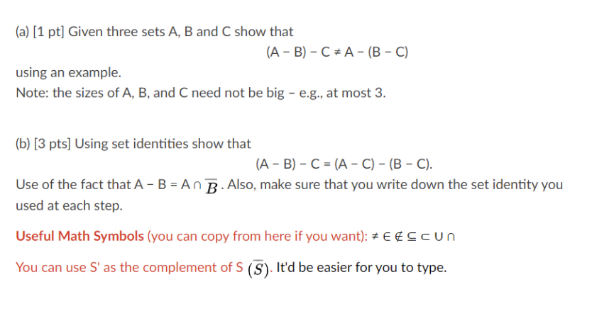 Solved (a) [1 Pt] Given Three Sets A, B And C Show That (A - | Chegg.com