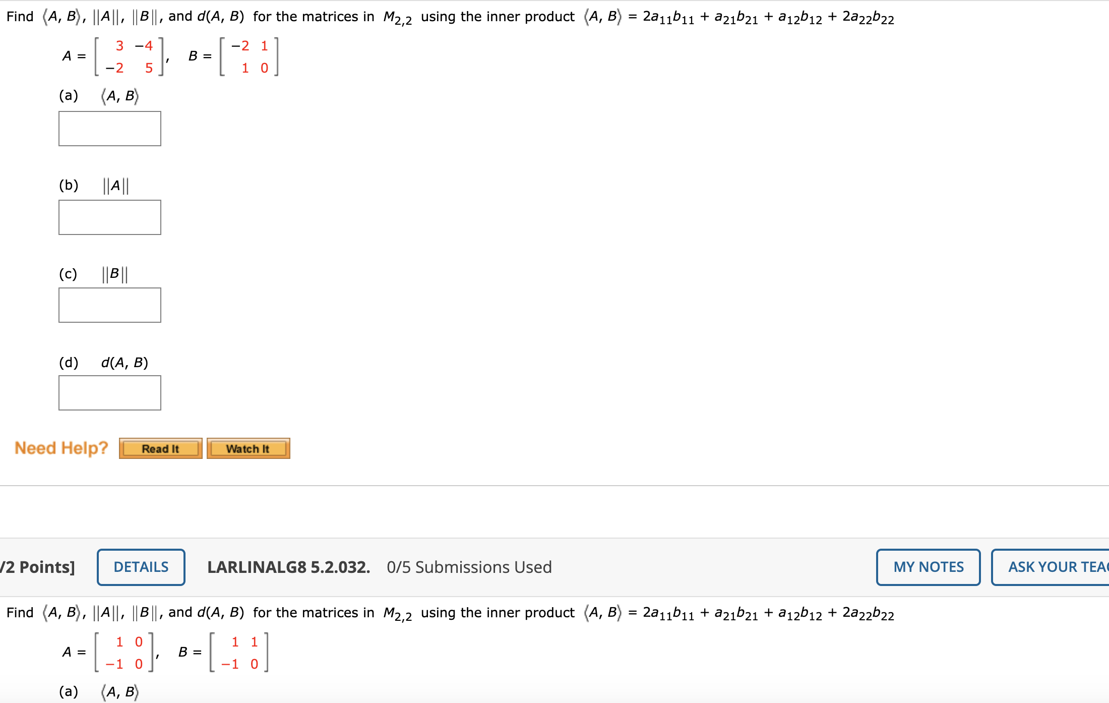 Solved Find (A, B), || A||, || B||, And D(A, B) For The | Chegg.com