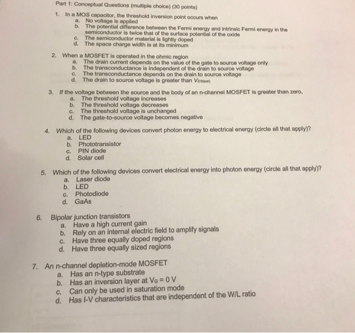 Solved Part 1 Conceptual Questions (multiple choice)(30