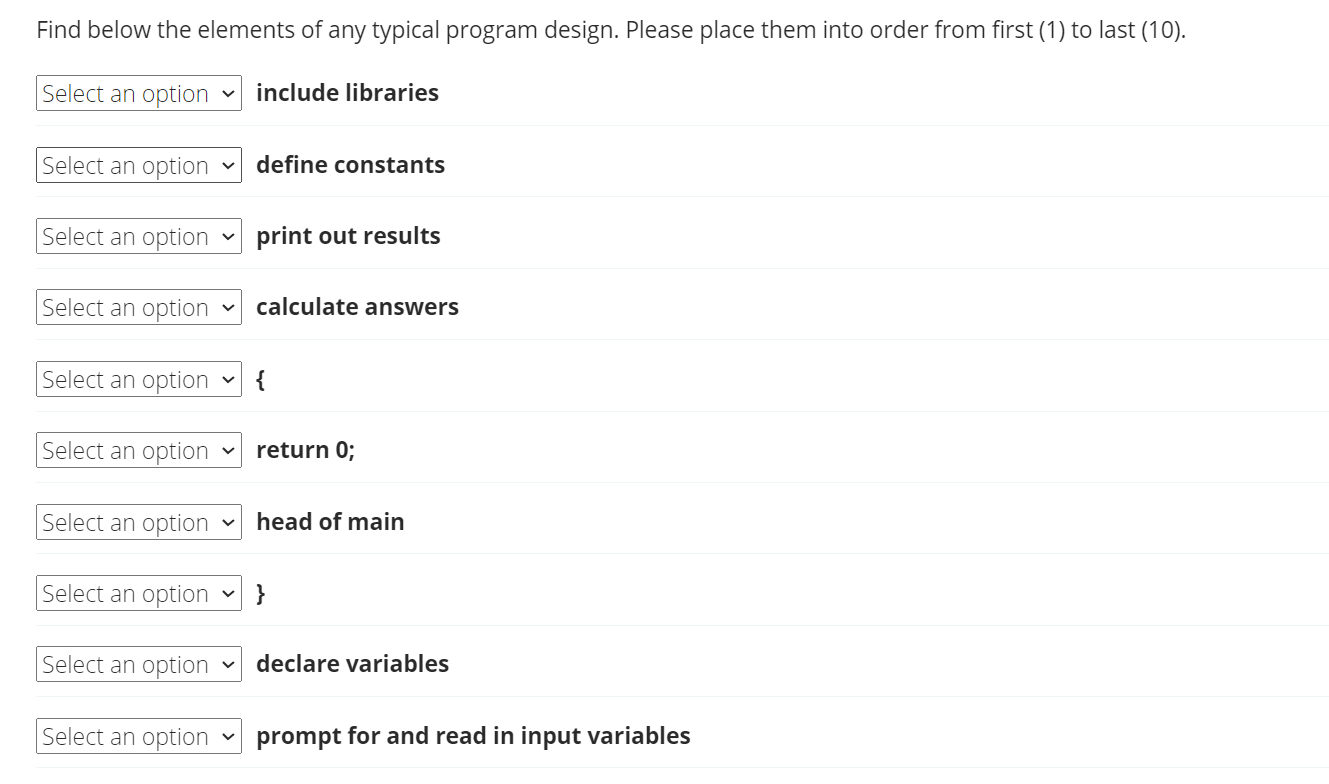 Find below the elements of any typical program design. Please place them into order from first (1) to last (10).
include libr