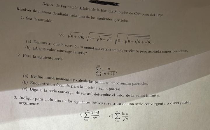 Depto. de Formacion Básica de la Escuela Superior de Computo del IPN Resolver de manera detallada cada uno de los siguientes