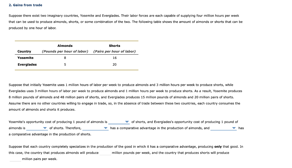 2. Gains from trade
Suppose there exist two imaginary countries, Yosemite and Everglades. Their labor forces are each capable