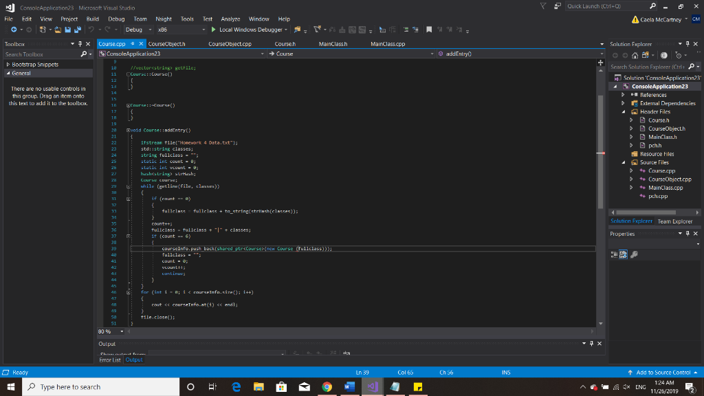 V Quick Launch (Ctrl+O) - A Caela McCartney x CM N ConsolcApplication23 Microsoft Visual Studio File Edit View Project Build