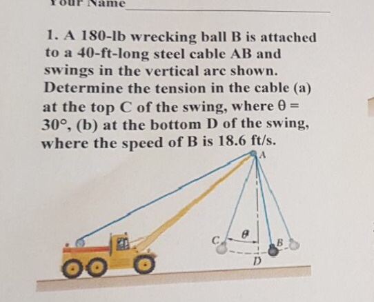 Solved A 180-lb Wrecking Ball B Is Attached To A 40-ft-long | Chegg.com