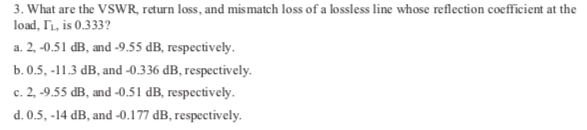 Solved 3. What are the VSWR, return loss, and mismatch loss | Chegg.com