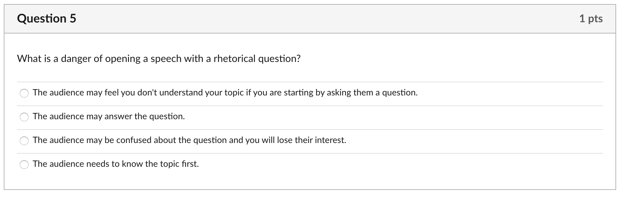 Solved Question 5 1 pts What is a danger of opening a speech | Chegg.com