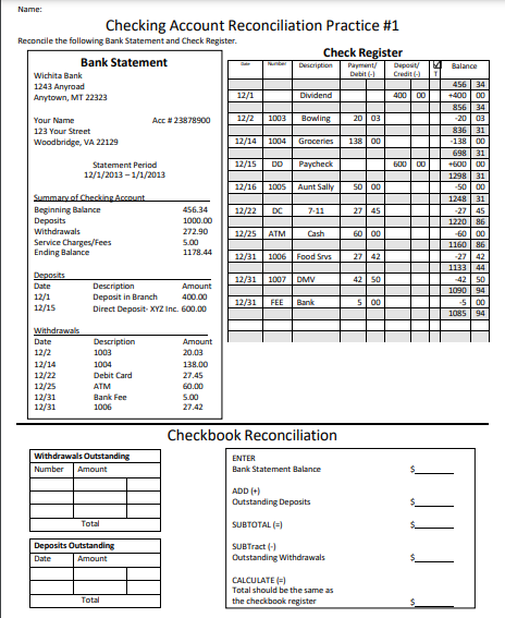 Checking Account Reconciliation Practice #1 Recondile | Chegg.com