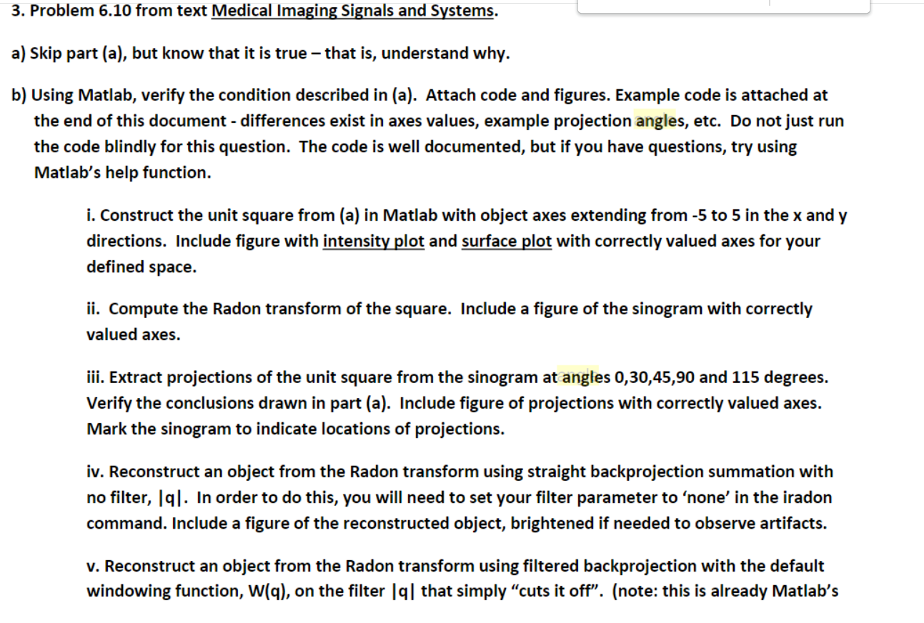 Solved 3. Problem 6.10 from text Medical Imaging Signals and | Chegg.com