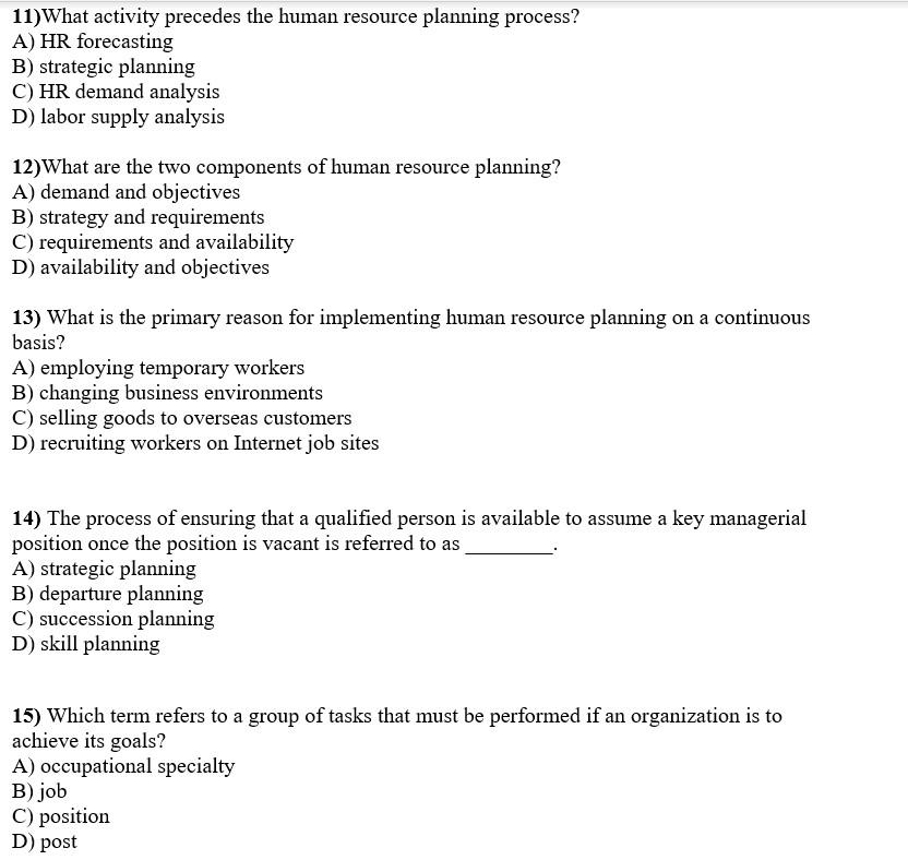 Solved 11 What Activity Precedes The Human Resource Planning Chegg