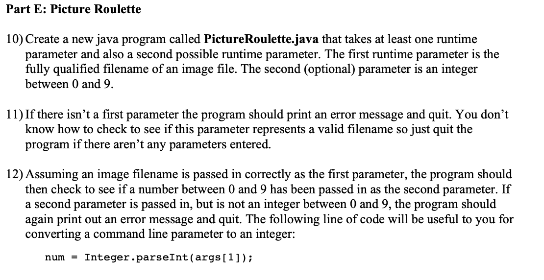 Part E Picture Roulette 10) Create a new java
