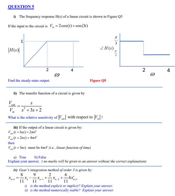 Solved QUESTION 5 1) The frequency response H(s) of a linear | Chegg.com