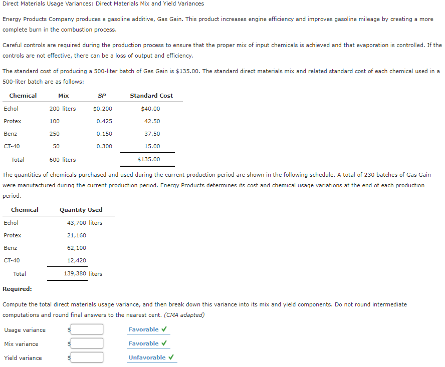 Direct Materials Usage Variances: Direct Materials | Chegg.com