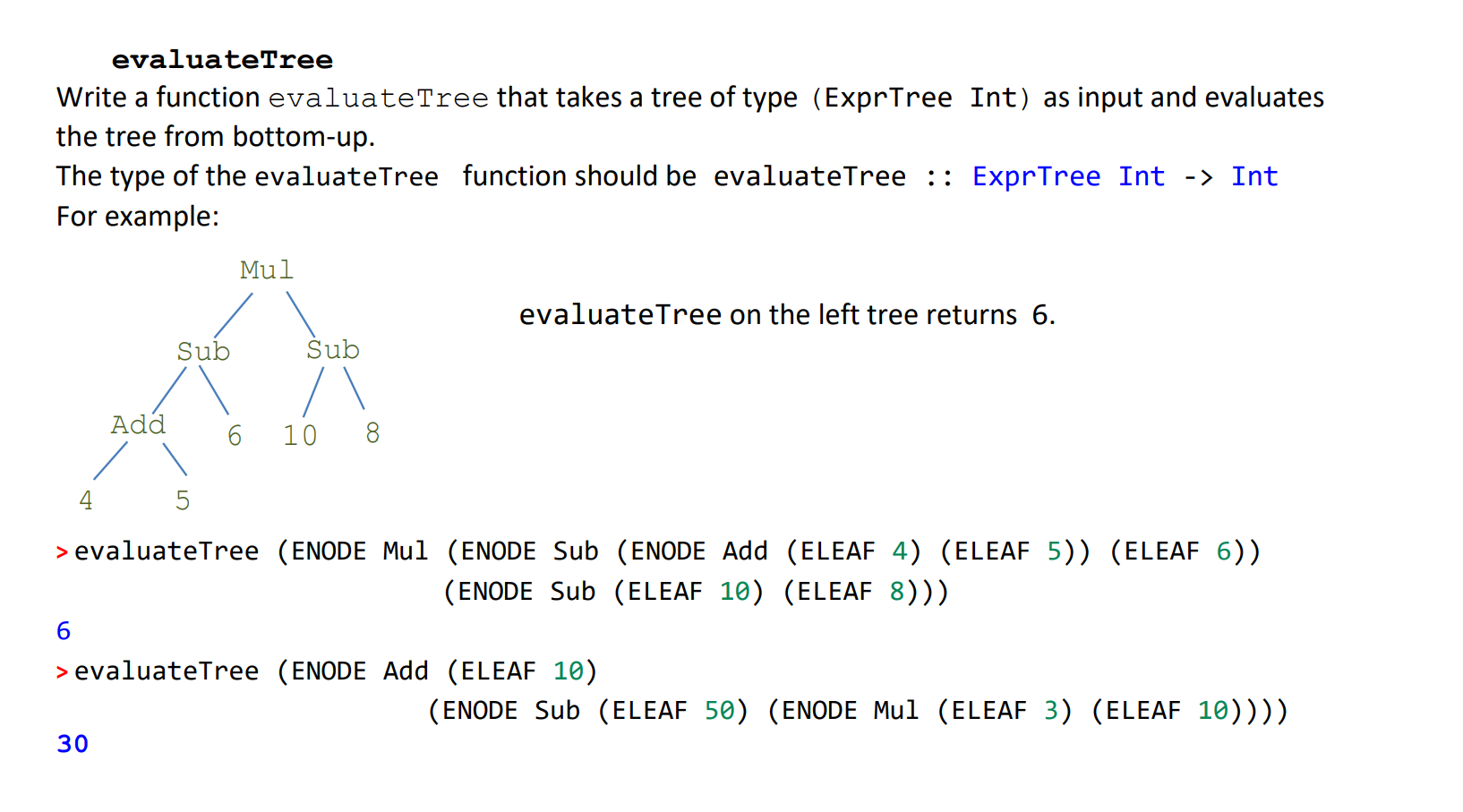 Solved evaluateTree Write a function evaluateTree that takes | Chegg.com