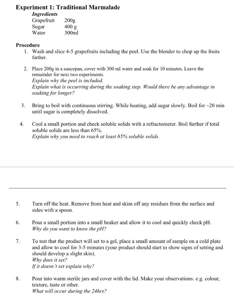 Solved Experiment 1 Traditional Marmalade Ingredients