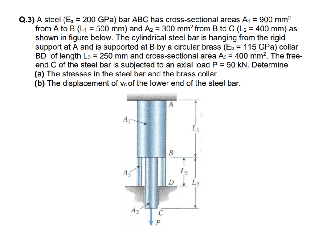 Solved Q.3) A steel (Es = 200 GPa) bar ABC has