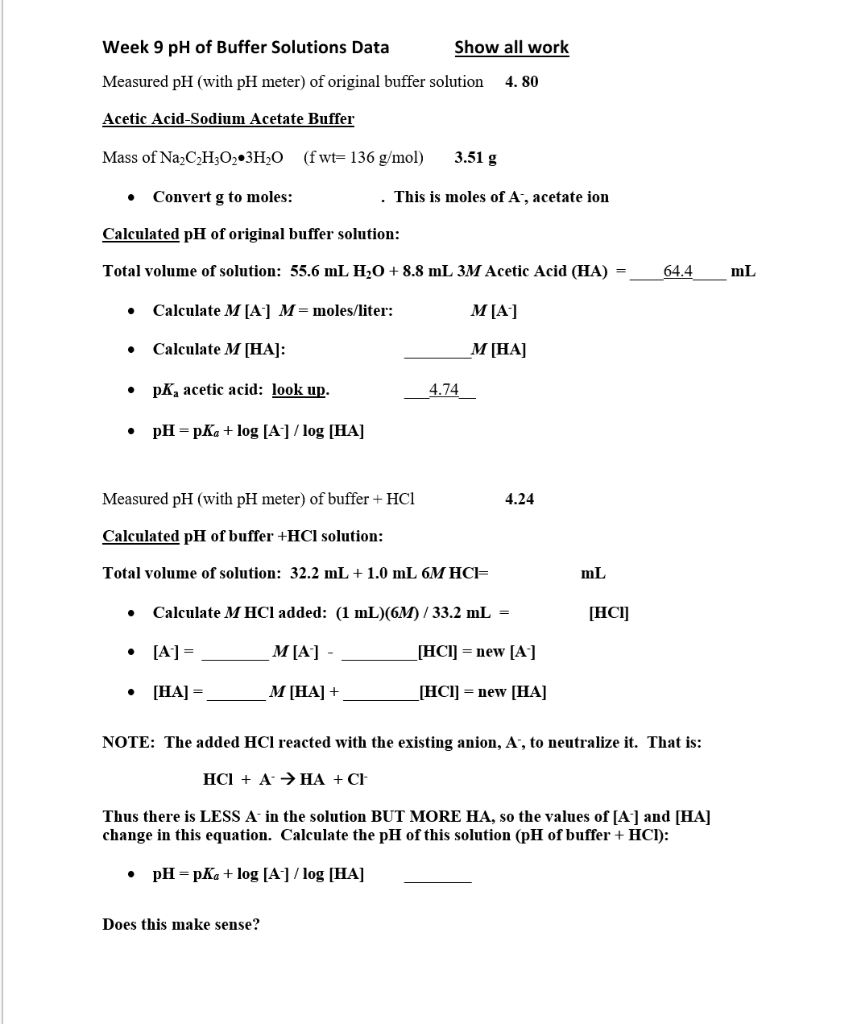 Solved pH of Buffer Solutions Procedure: Acetic Acid-Sodium | Chegg.com