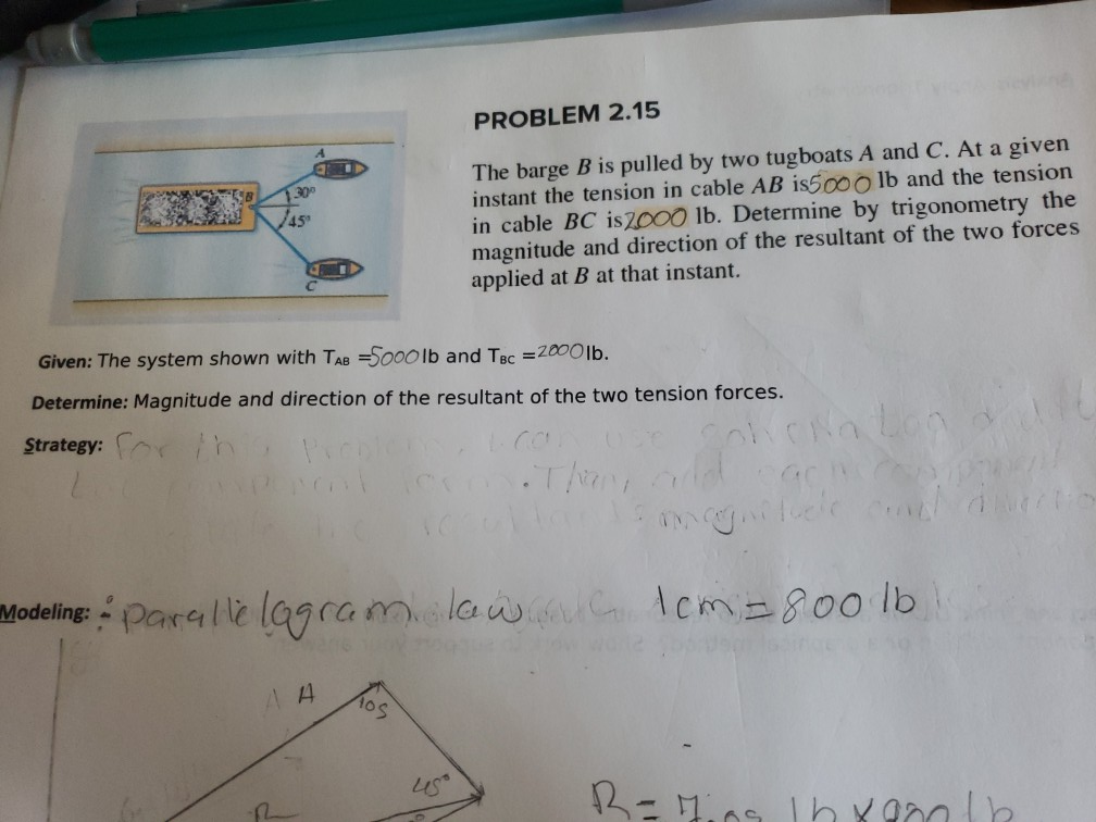 Solved PROBLEM 2.15 The Barge B Is Pulled By Two Tugboats A | Chegg.com