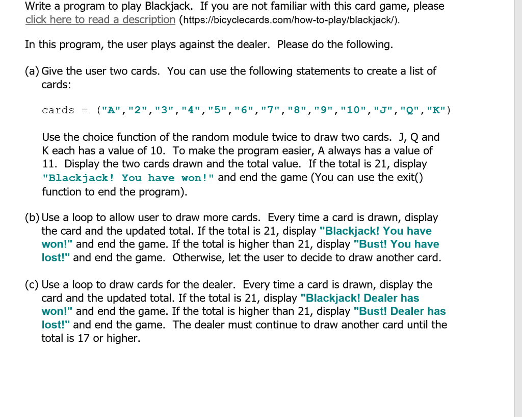 Solved Write a program to play Blackjack. If you are not | Chegg.com