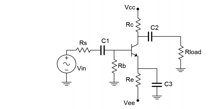 Vcc Rc C2 HH C1 Rs w HE Rload Rb Vin Re C3 IHH Vee | Chegg.com