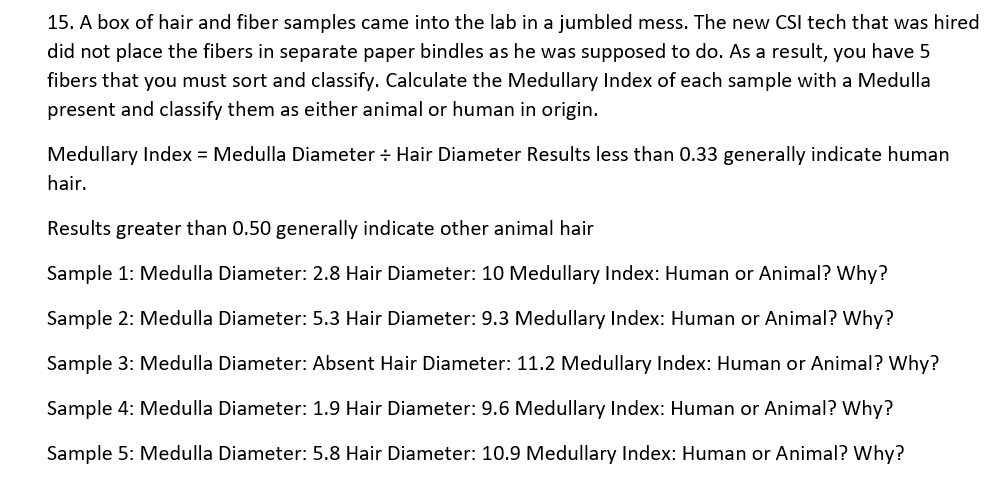 Solved 15. A box of hair and fiber samples came into the lab 