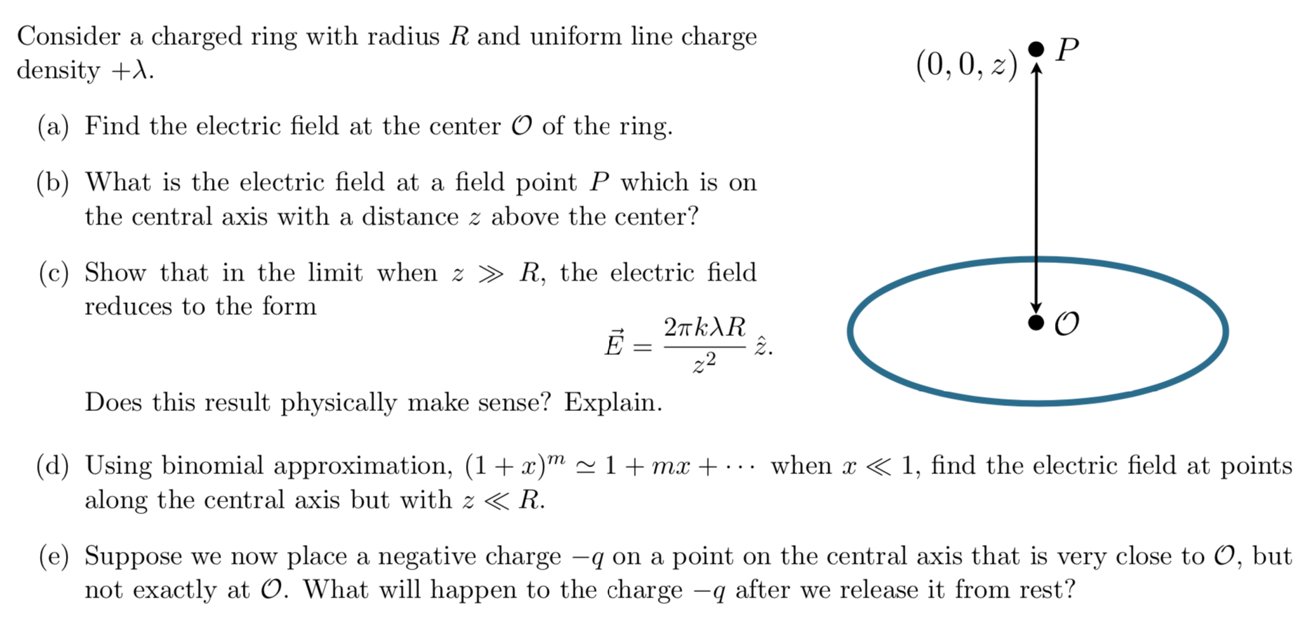 Find an expression for the magnitude of the electric field at point A  mid-way between the two rings of radius R shown in Figure P24.30. The ring  on the left has a