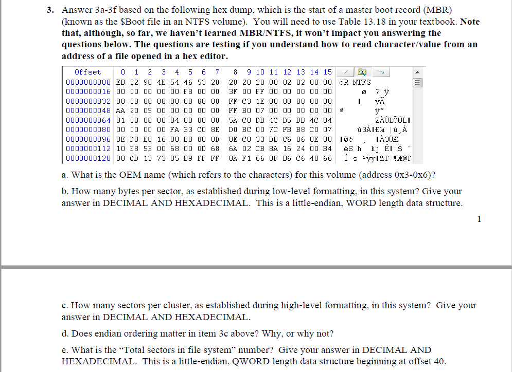Solved 0 1 3. Answer 3a-3f based on the following hex dump, | Chegg.com