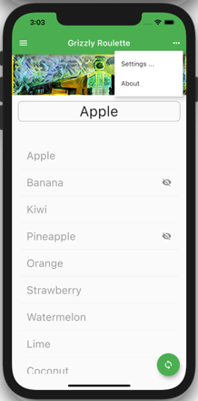 3:03
III
Grizzly Roulette
Settings...
About
Apple
Apple
Banana
Kiwi
Pineapple
Orange
Strawberry
Watermelon
Lime
Coconut
