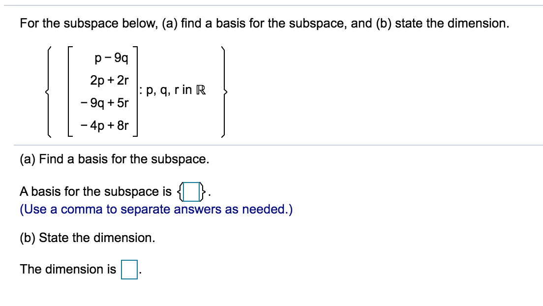 Solved For the subspace below, (a) find a basis for the | Chegg.com