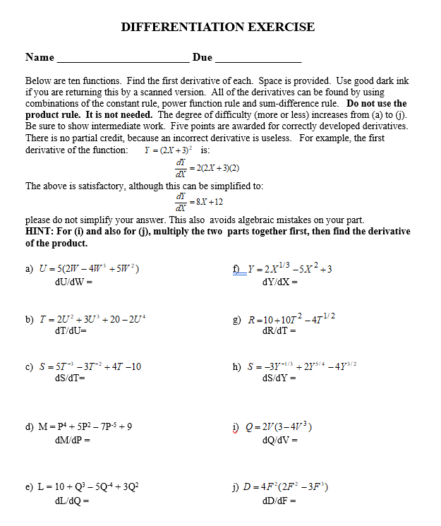 Solved DIFFERENTIATION EXERCISE Name Due Below are ten | Chegg.com