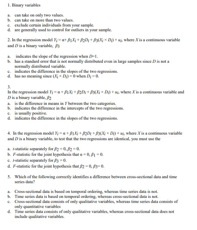 Solved 1. Binary Variables A. Can Take On Only Two Values. | Chegg.com