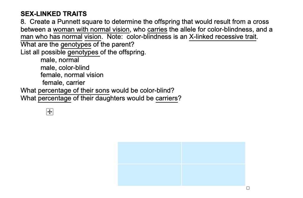 Solved Sex Linked Traits 8 Create A Punnett Square To De