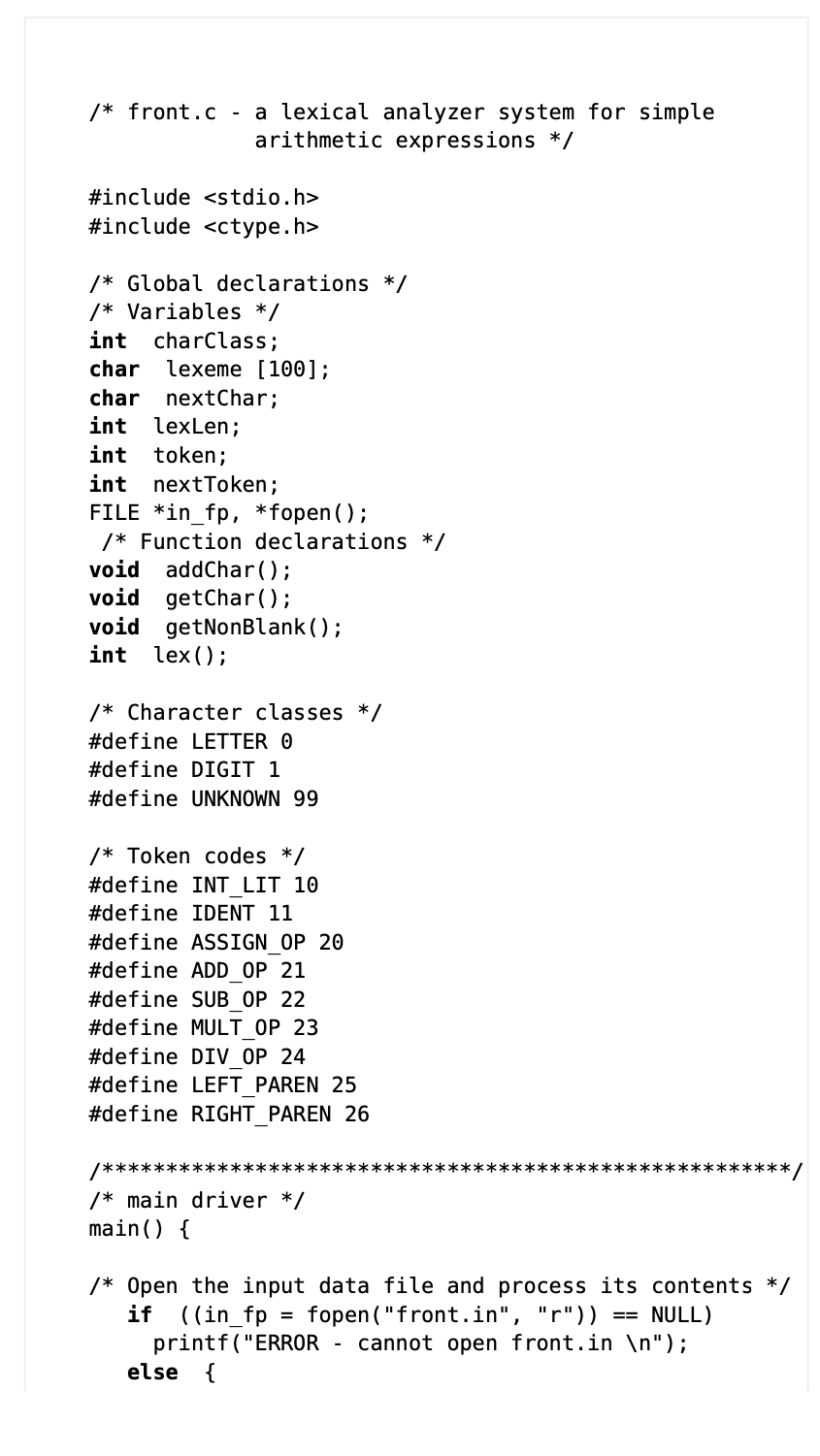 /* front.c - a lexical analyzer system for simple | Chegg.com