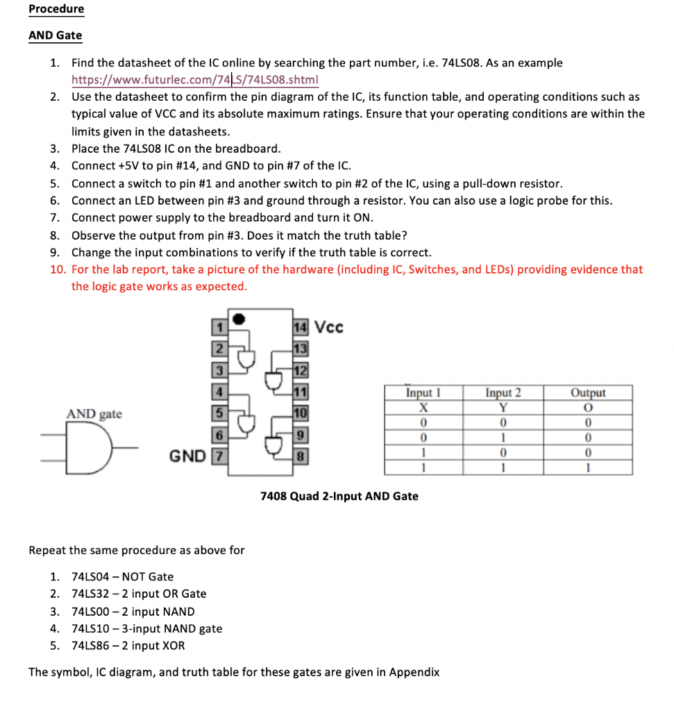 Procedure AND Gate 1. Find the datasheet of the IC online by searching the part number, i.e. 74LS08. As an example https://ww