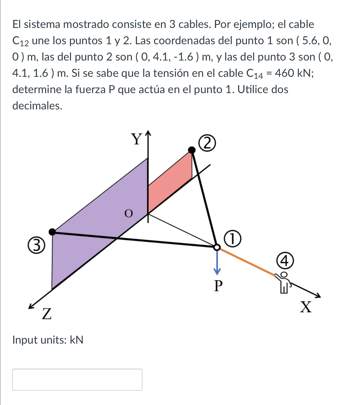 El sistema mostrado consiste en 3 cables. Por ejemplo; el cable \( \mathrm{C}_{12} \) une los puntos 1 y 2 . Las coordenadas