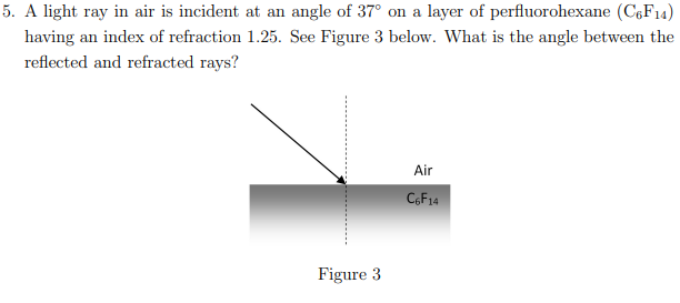 Solved 5. A light ray in air is incident at an angle of 37° | Chegg.com